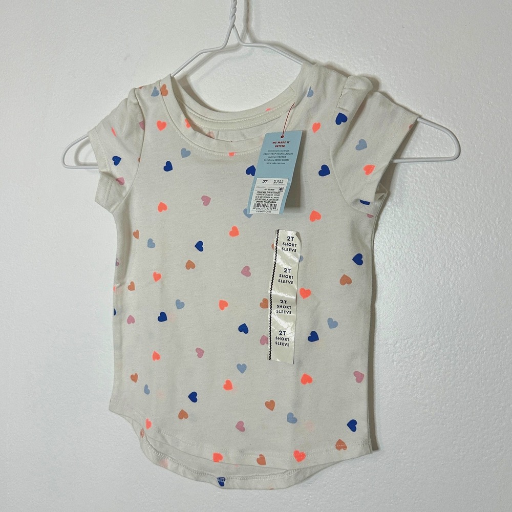 Cat & Jack Toddler Shirt 2T Heart Print Short Sleeve Cream NWT